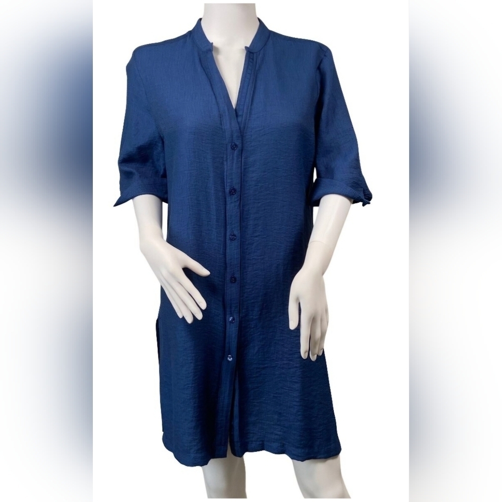Chico's Blue Tunic Button Up Loose Fitting Shirt Top size 2 12/14 EUC